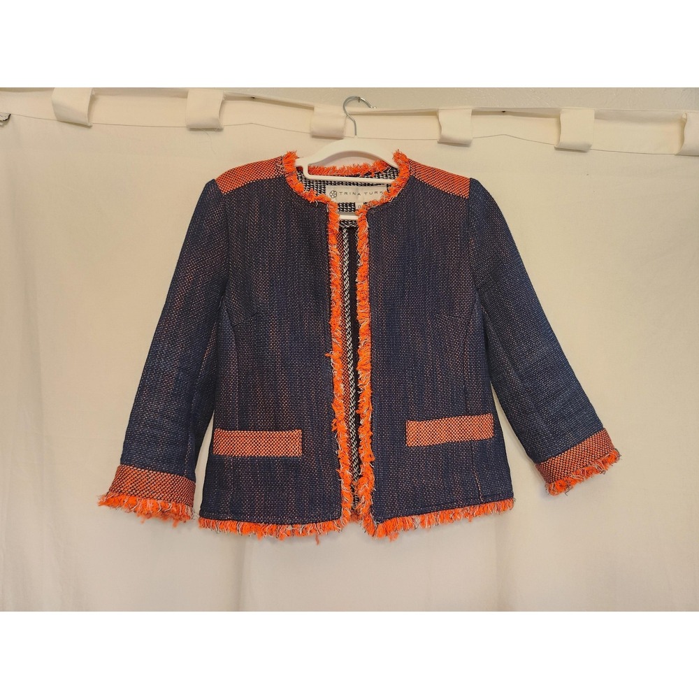 Trina Turk Jacket Womens 0 XS Navy Orange Tweed Fringe Open Front Style 151405